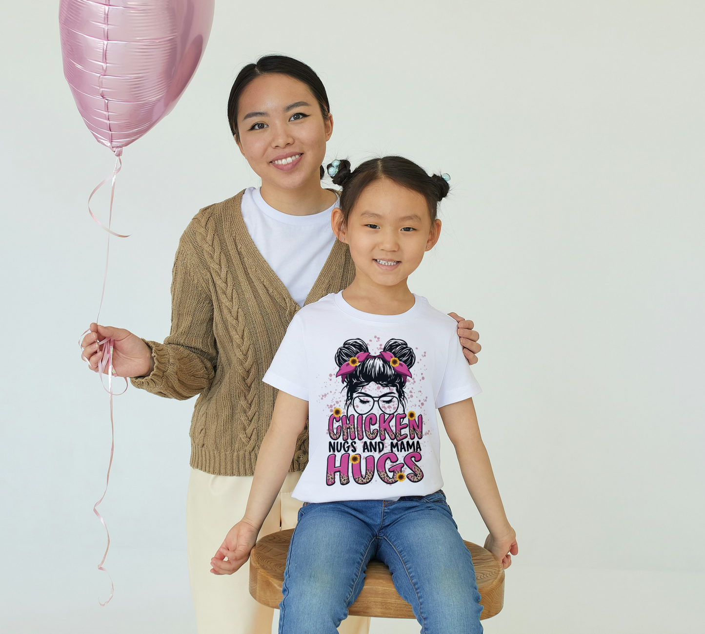 Chicken Nugs & Mama Hugs Youth Tee – Cute Graphic Shirt with Space Buns & Cheetah Print