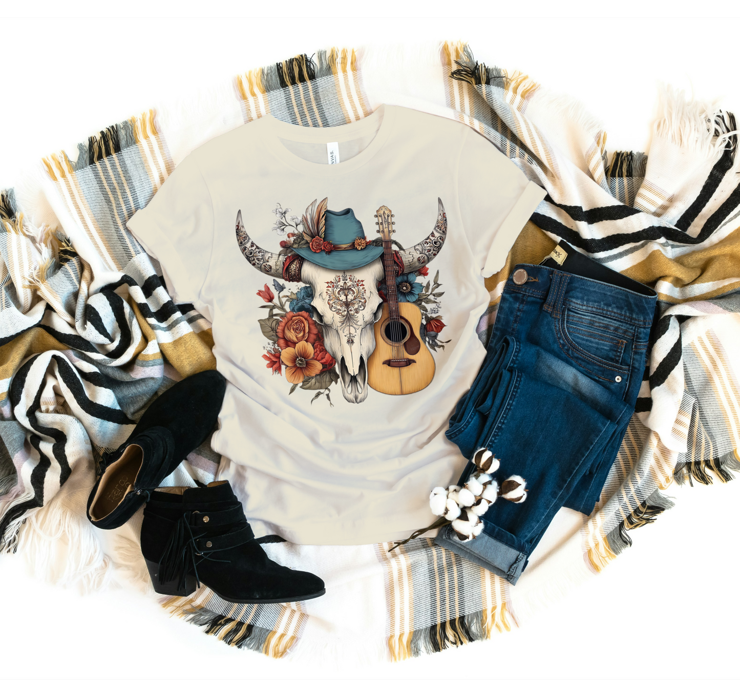 Boho Cowgirl Guitar Skull Tee – Western Floral Graphic Shirt