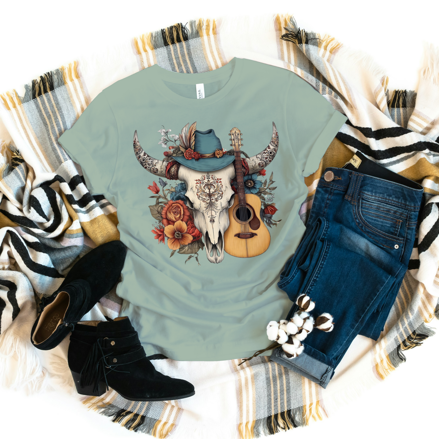 Boho Cowgirl Guitar Skull Tee – Western Floral Graphic Shirt