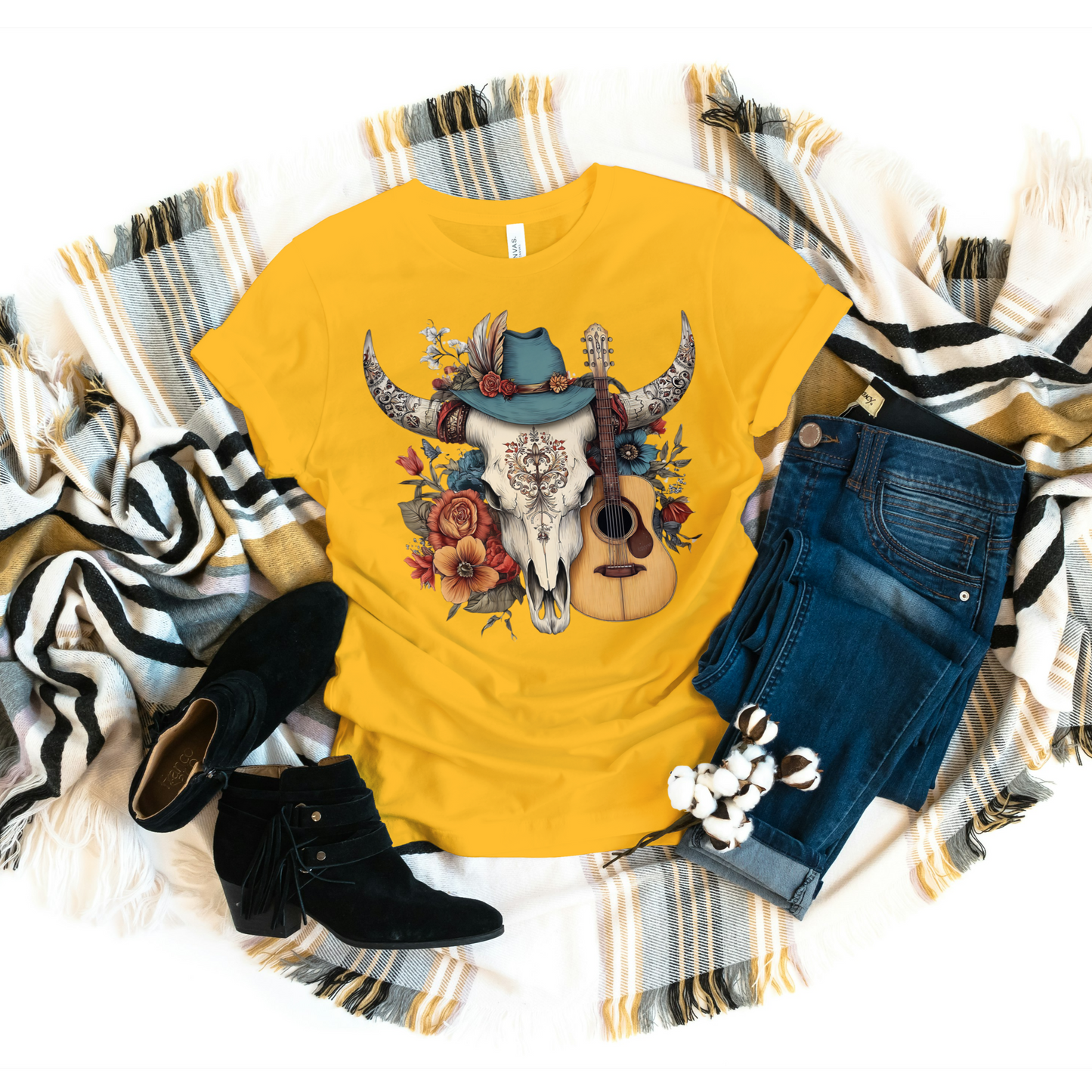 Boho Cowgirl Guitar Skull Tee – Western Floral Graphic Shirt