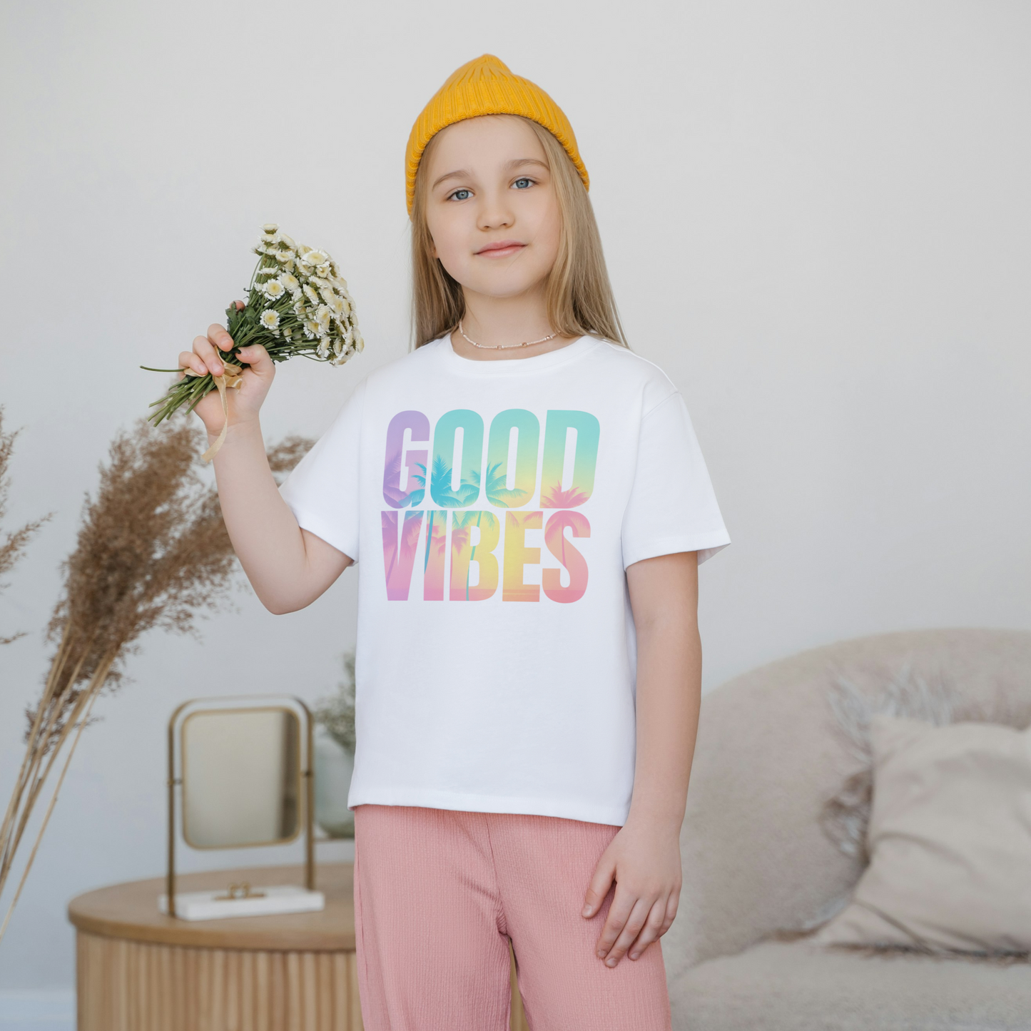 Good Vibes Youth Graphic Tee – Retro Sunset Palm Design
