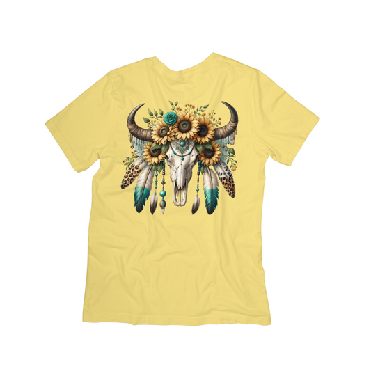 Boho Sunflower Buffalo Skull Graphic Tee