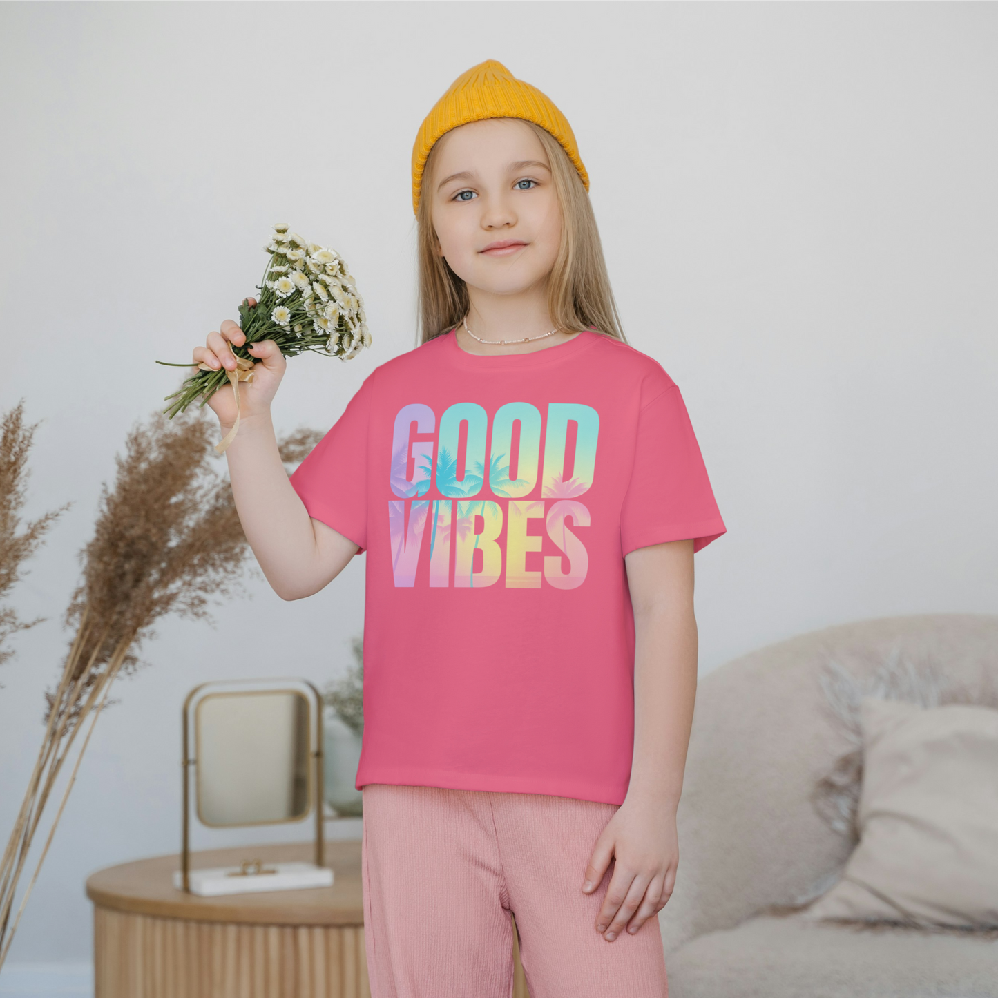 Good Vibes Youth Graphic Tee – Retro Sunset Palm Design