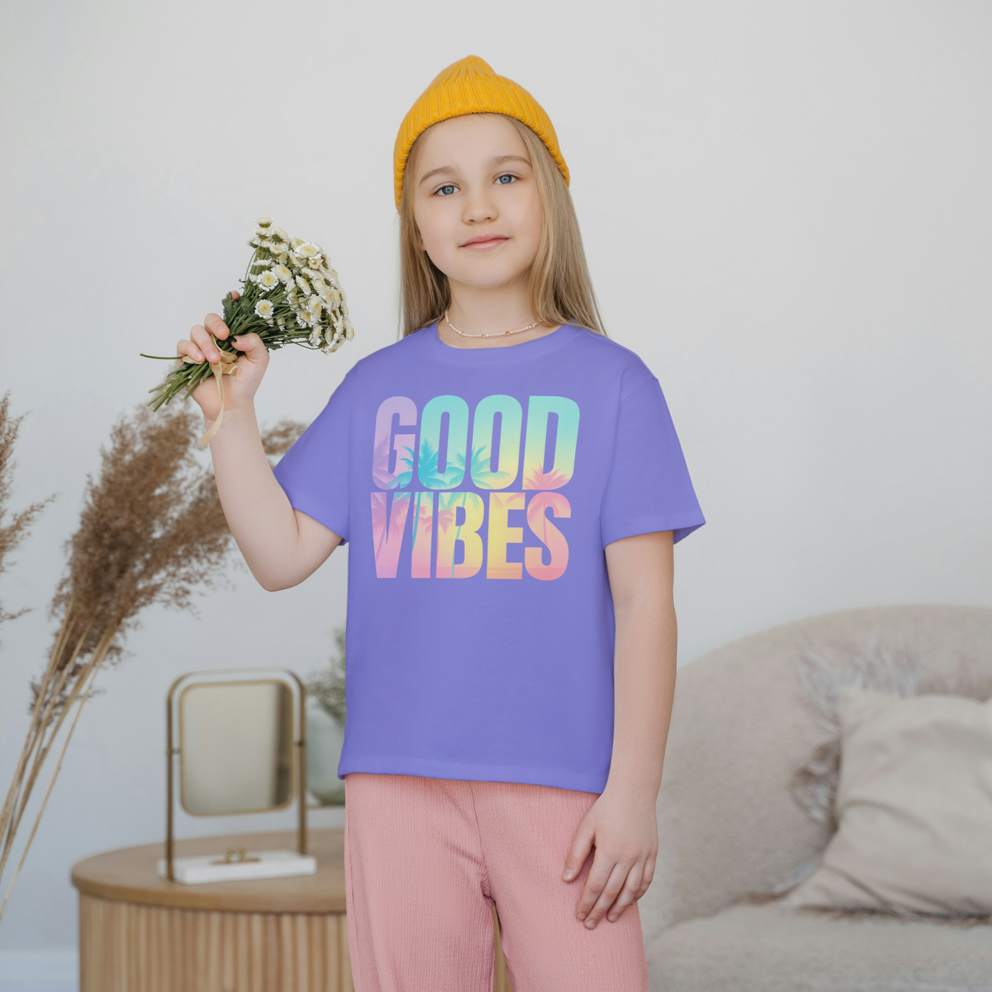 Good Vibes Youth Graphic Tee – Retro Sunset Palm Design