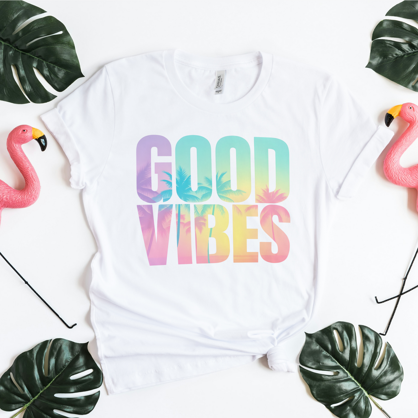 Good Vibes Youth Graphic Tee – Retro Sunset Palm Design