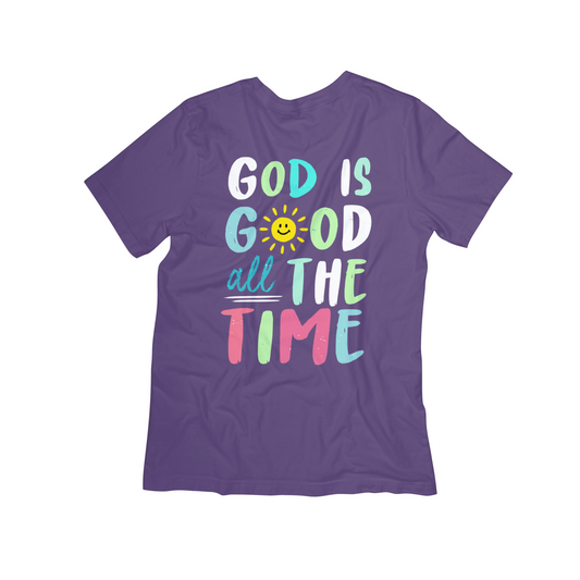 God Is Good All the Time Christian T-Shirt – Faith Graphic Tee with Colorful Sun Design