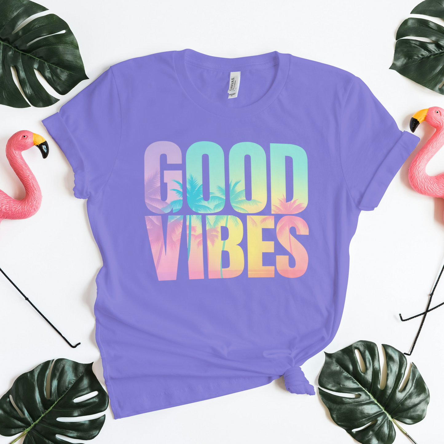 Good Vibes Youth Graphic Tee – Retro Sunset Palm Design