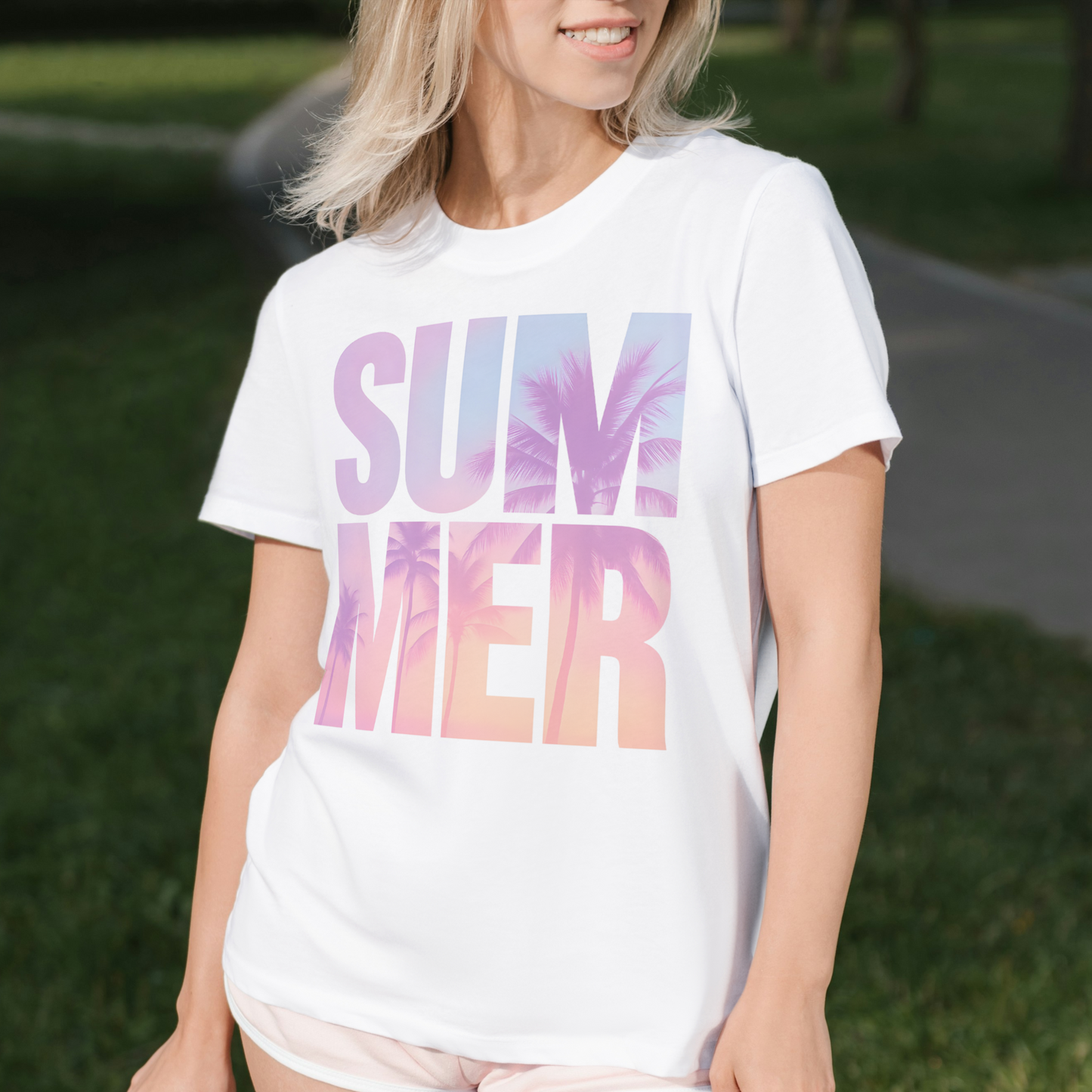 Split SUMMER Retro Graphic Tee – Palm Tree Sunset Vibes Shirt