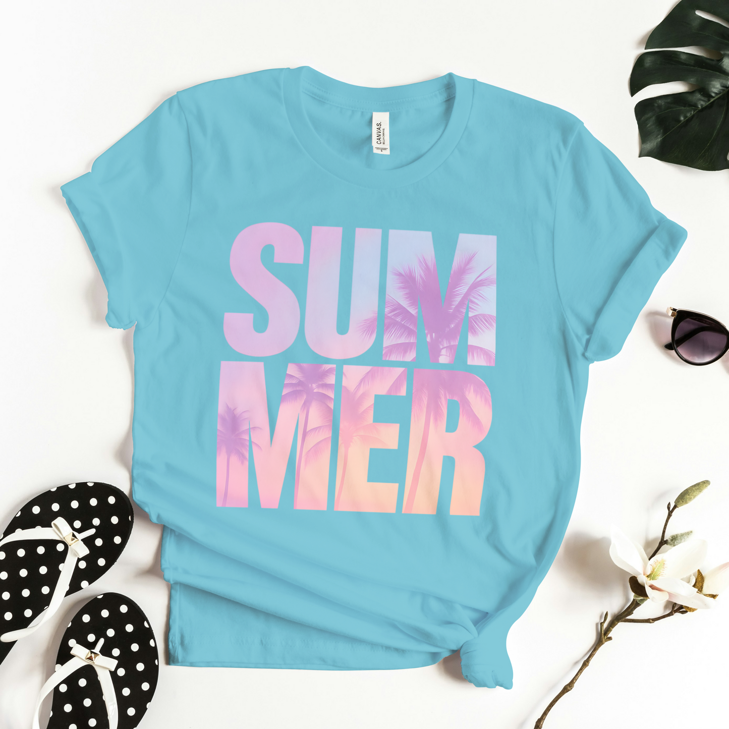 Split SUMMER Retro Graphic Tee – Palm Tree Sunset Vibes Shirt