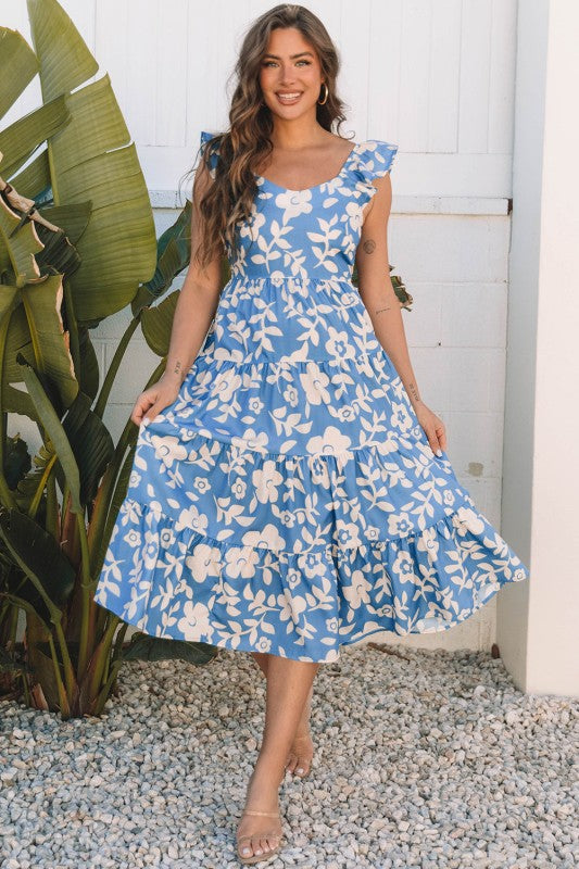Floral Scoop Neck Tiered Flowy Midi Dress Zaradee Floral Scoop Neck Tiered Flowy Midi Dress Zaradee