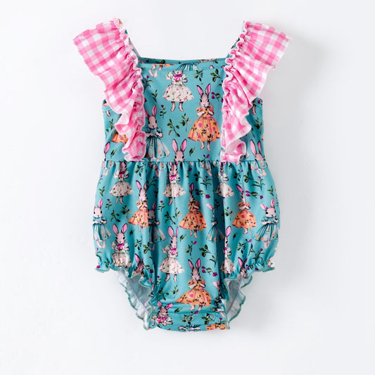 Baby Girl Vintage Bunny Ruffle Easter Romper