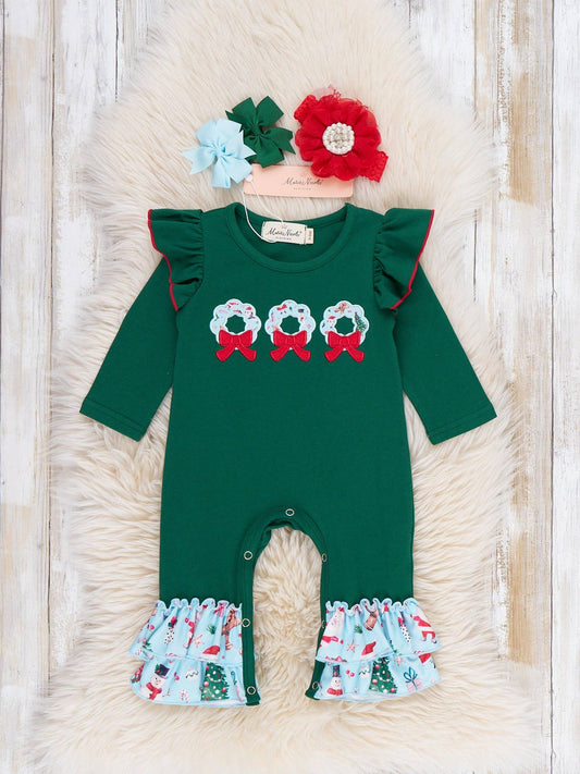 Wreath Wishes Applique Bow Ruffle Romper
