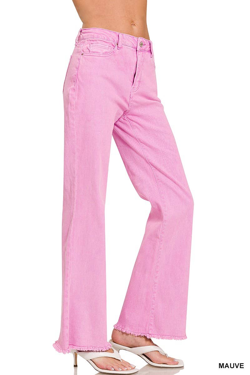 Acid Washed Frayed Cutoff Hem Straight Wide Pants