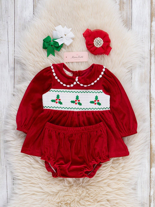 Red Smocked Holly Velvet Bloomers Outfit