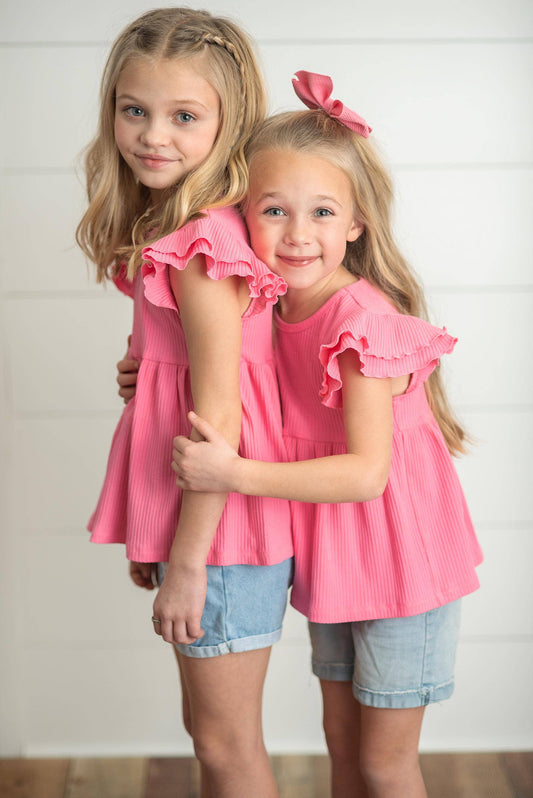 Kids Bright Pink Double Ruffle Flutter Sleeve Summer Shirt