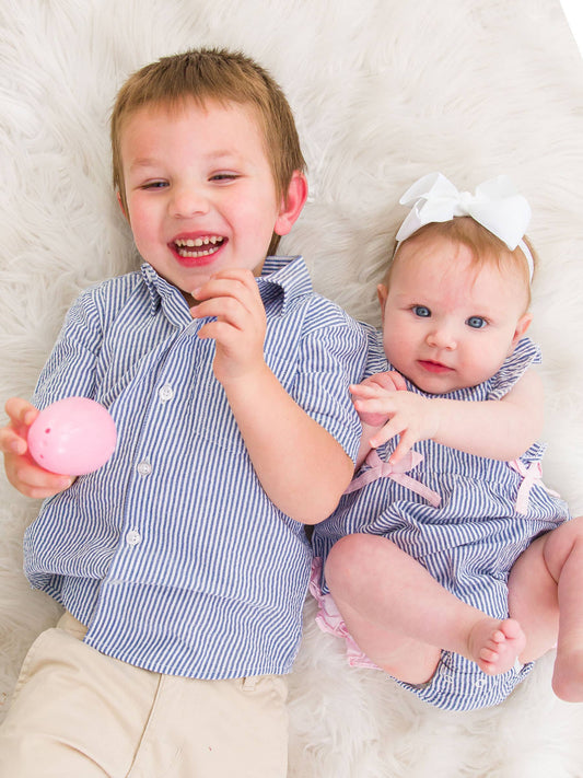 Baby Girls Blue Seersucker Classic Ruffle Bubble Romper