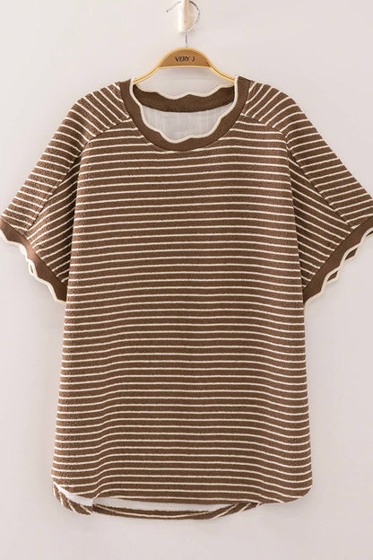 Scallop Trim Stripe Knit Top