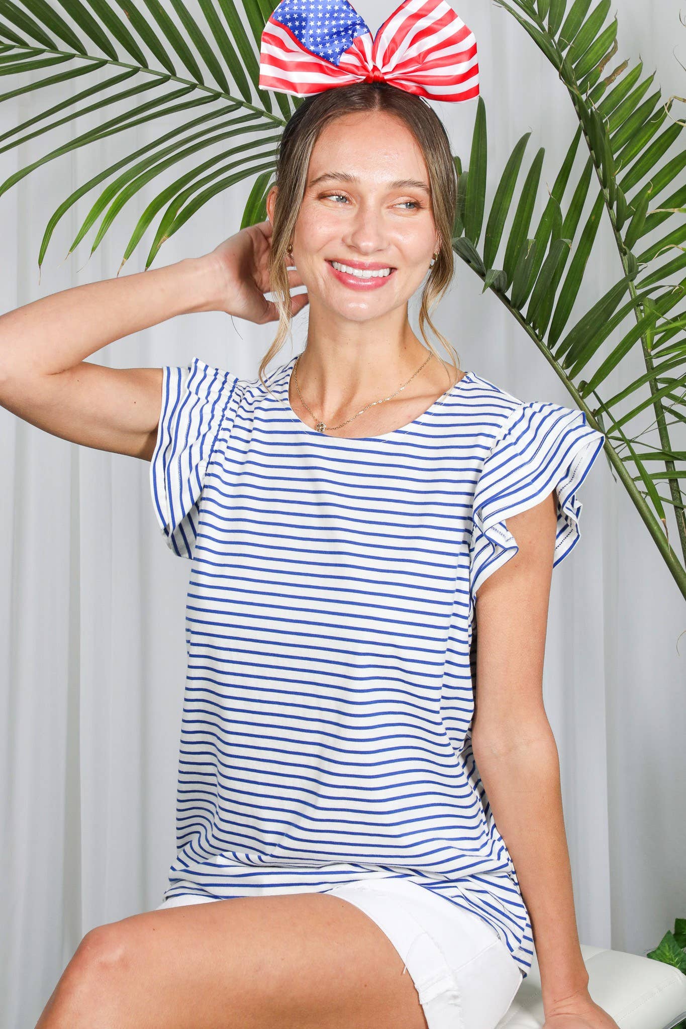 Double Flutter Sleeve Crew Neck 100%Cotton T-Shirt VT82429