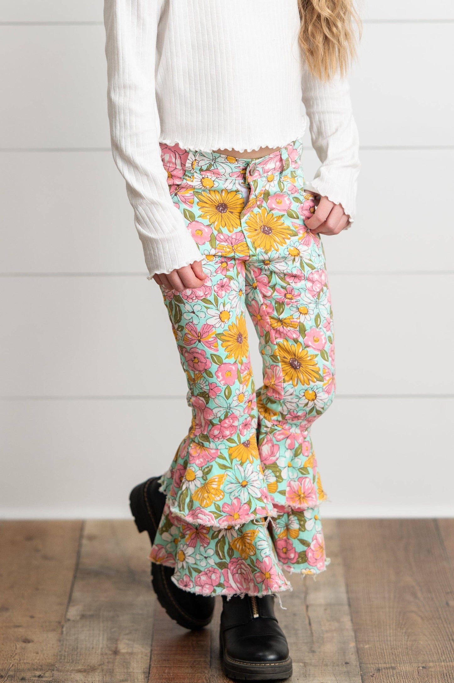 Flower Double Ruffle Denim Jeans