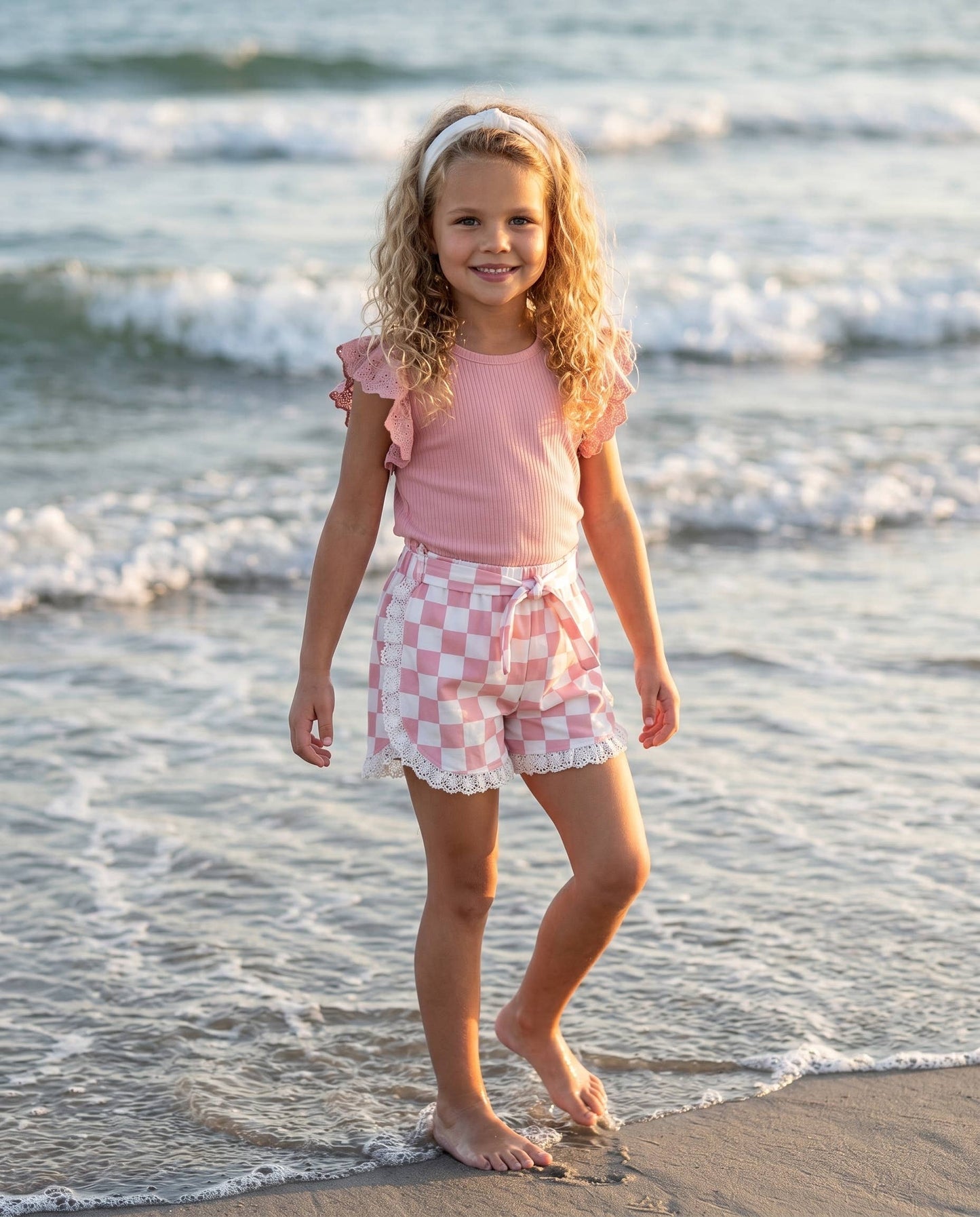Girls Pink Checkered Lace Ruffle Summer Short Set