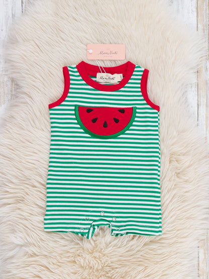 Watermelon Days Striped Embroidered Romper