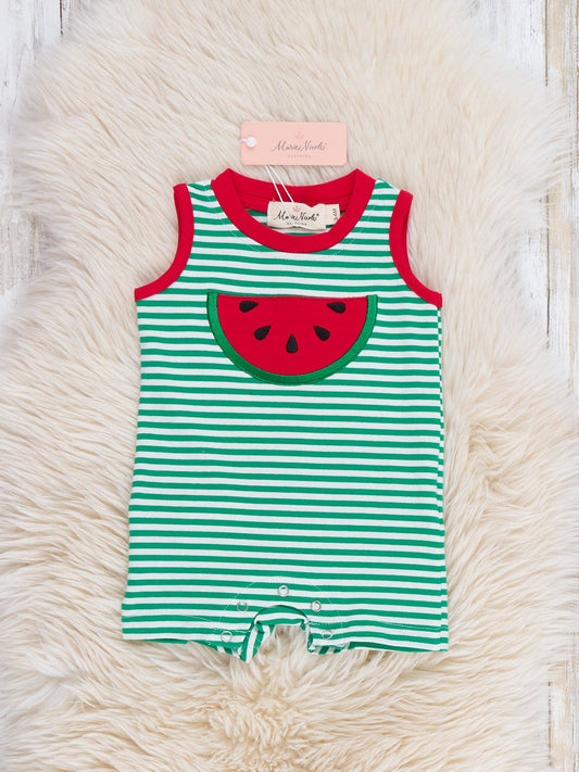 Watermelon Days Striped Embroidered Romper