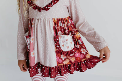 Kids Beige Heart Floral Pocket Bell Bottom Ruffle Pant Set