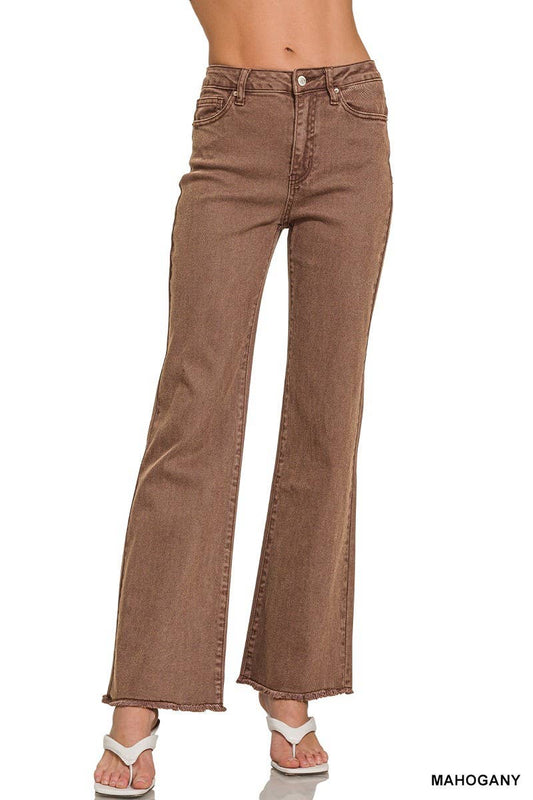 Acid Washed Frayed Cutoff Hem Straight Wide Pants