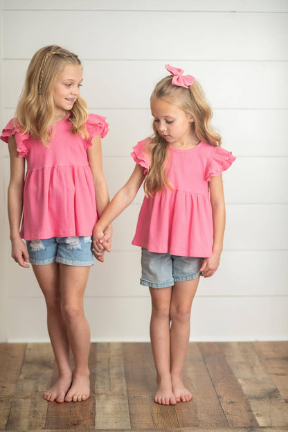 Kids Bright Pink Double Ruffle Flutter Sleeve Summer Shirt