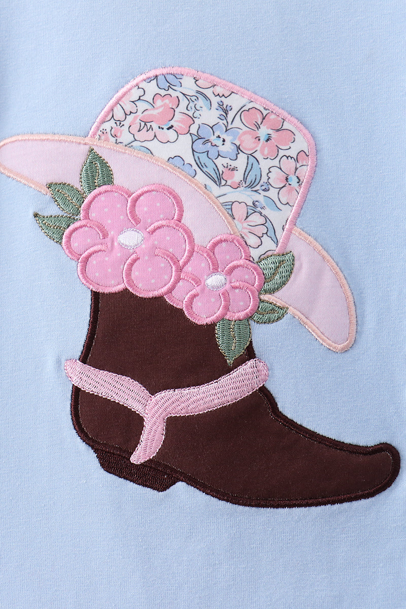 Blue floral boot applique ruffle shorts set