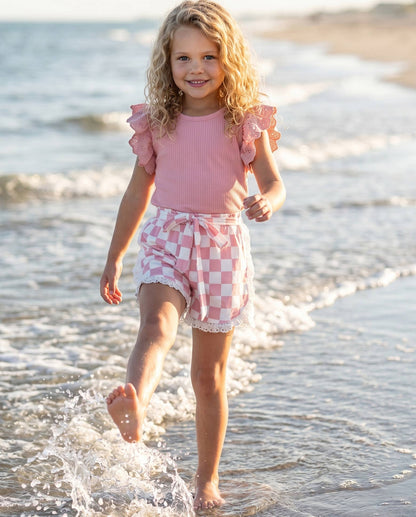 Girls Pink Checkered Lace Ruffle Summer Short Set