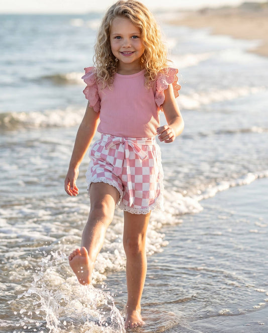 Girls Pink Checkered Lace Ruffle Summer Short Set