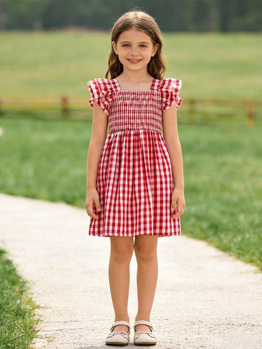 Summer Plaid Smocked Ruffle Girl Dress Sibling Outfits