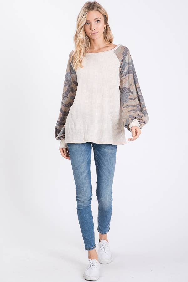 Oatmeal & Camo Contrast Long Sleeve Top