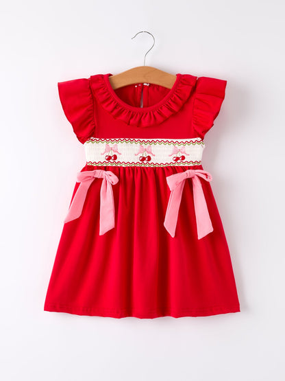 Red Cherry Bow Smocking Embroidery Girls'  Dress