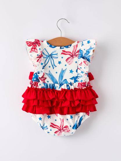 4th of july Bow Print Girls Romper
