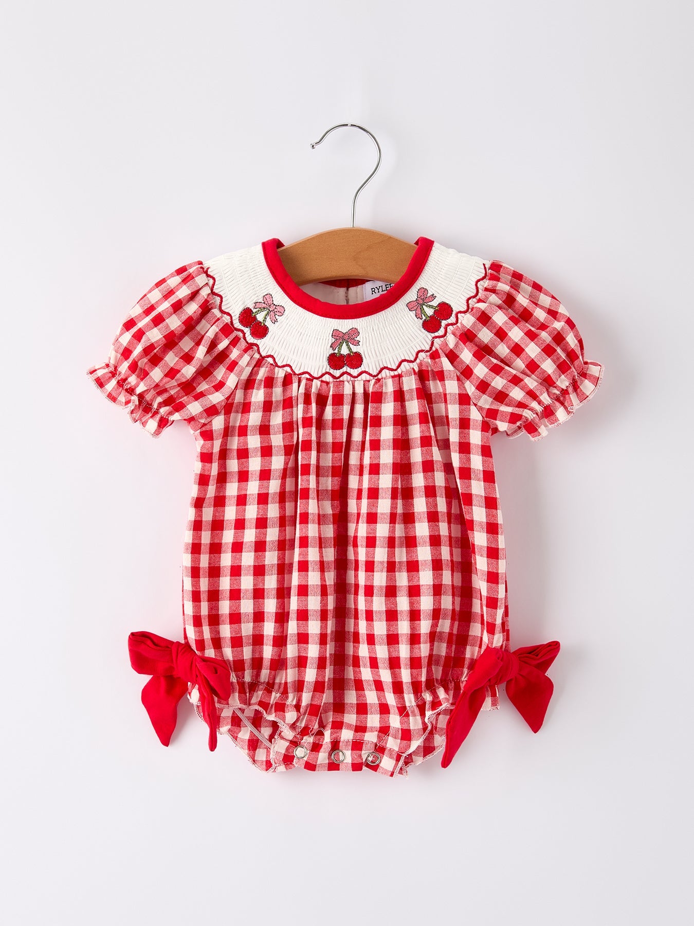 Red Cherry Bow Plaid Smocking Embroidery Girls' Romper