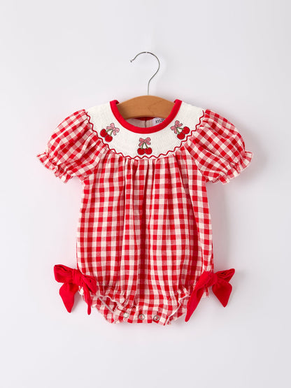Red Cherry Bow Plaid Smocking Embroidery Girls' Romper