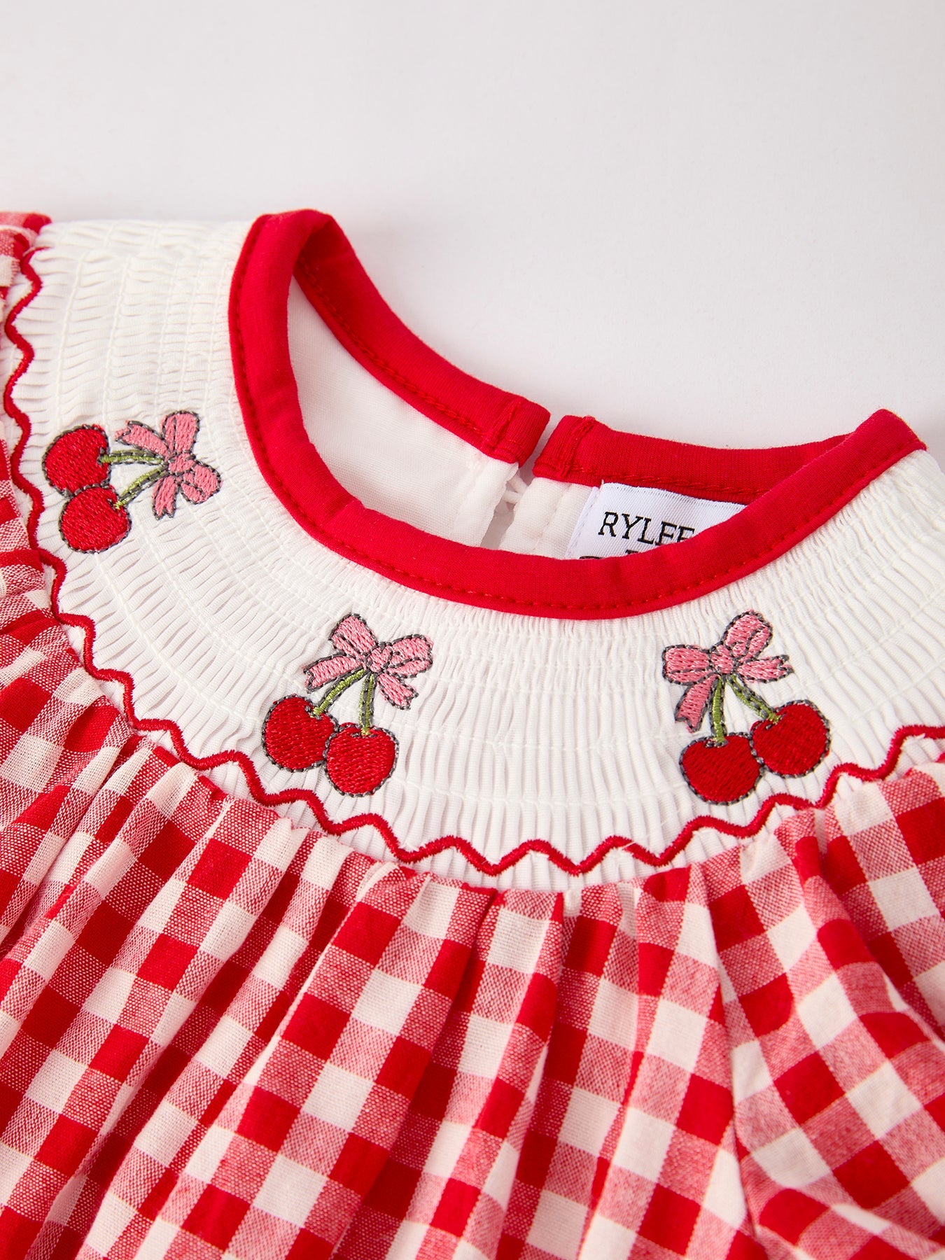 Red Cherry Bow Plaid Smocking Embroidery Girls' Romper