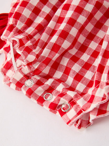 Red Cherry Bow Plaid Smocking Embroidery Girls' Romper