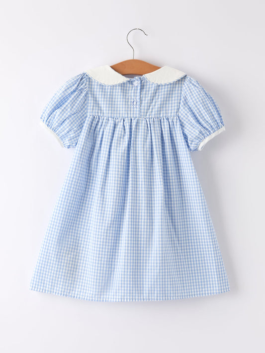 Blue Rabbit Embroidery Plaid Baby Collar Dress