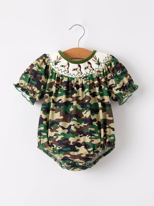 Camouflage Duck Smocking Embroidery Girls Romper