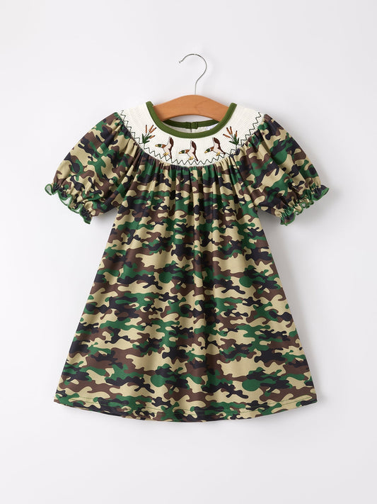 Camouflage Duck Smocking Embroidery Girls Dress
