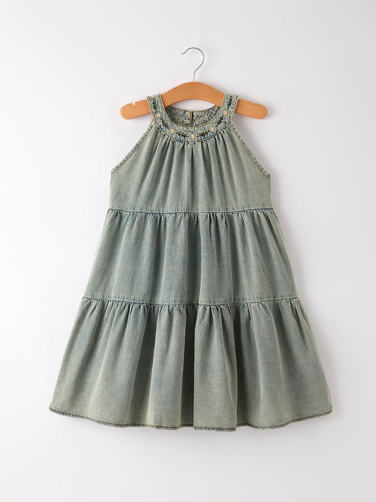 Summer Girls Embroidered Denim Sleeveless Dress