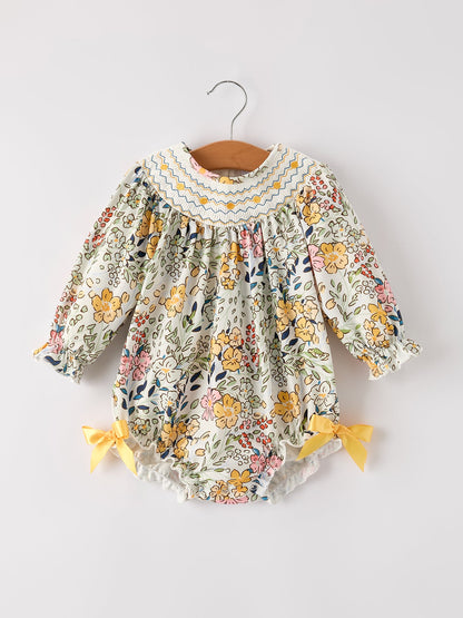 Fall  Embroidery Smocking Bow Floral Leaf Baby Girls Romper