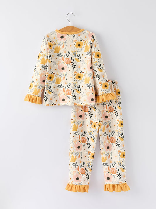 Fall Floral Print Girls Pajamas Set with Ruffle Details