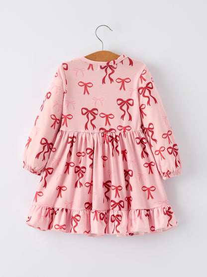 Pink Bow Print Girls Dress with Ruffle Hem
