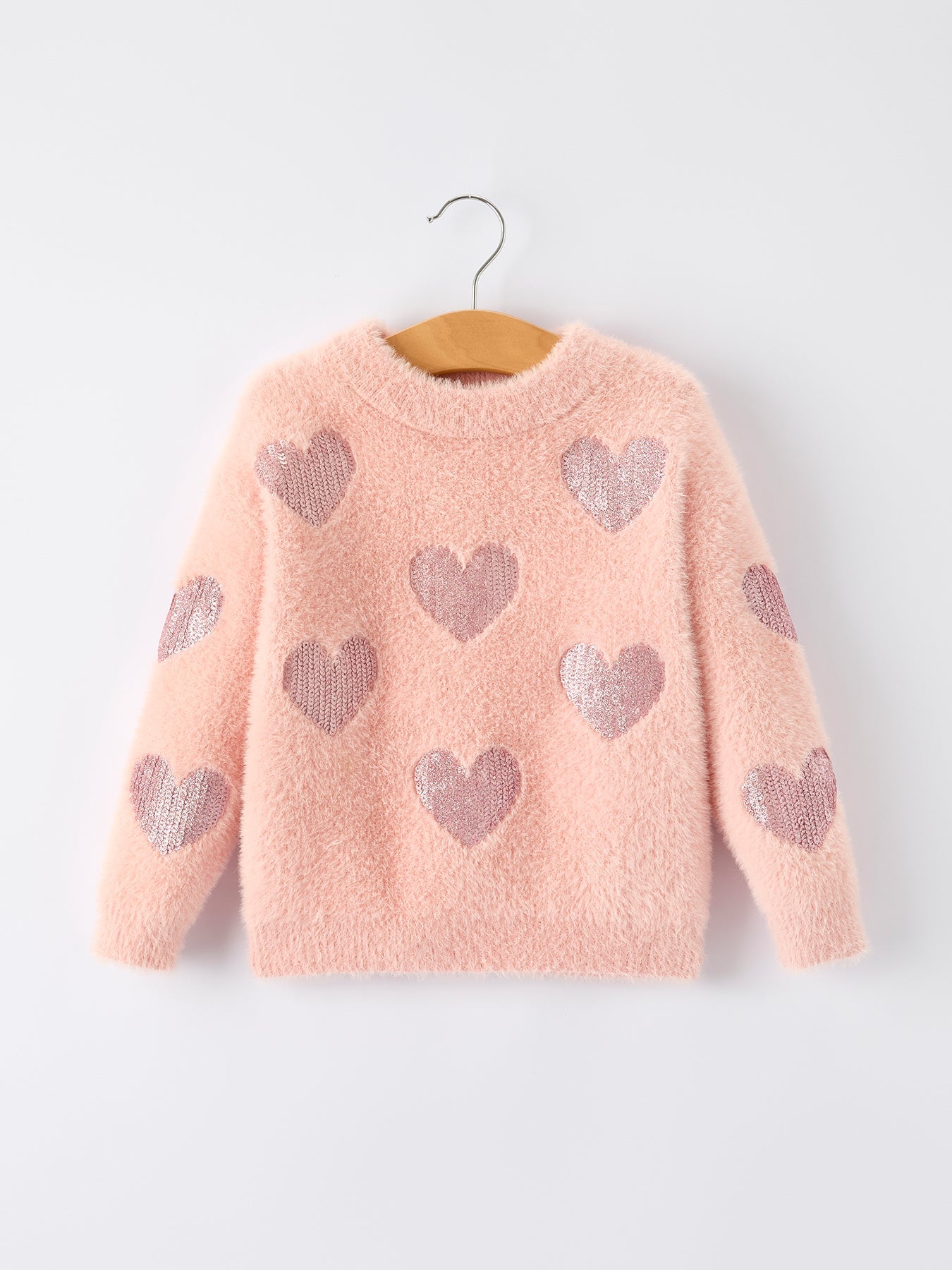 Valentine's Day Light Pink Girls Heart Sequins Sweater
