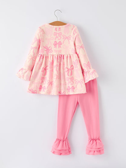 Girls Pink Bow Print Ruffled Long-sleeved Set