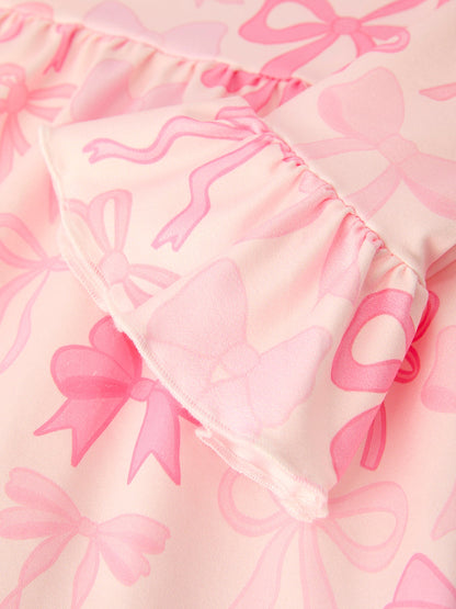Girls Pink Bow Print Ruffled Long-sleeved Set